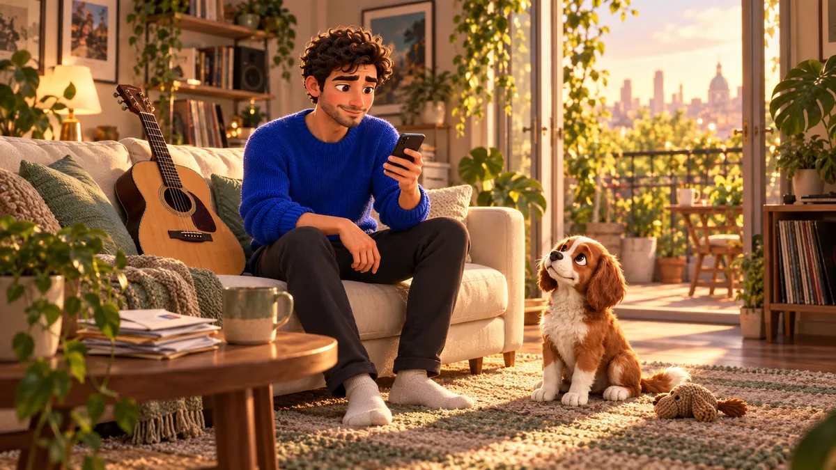 Persona tranquila en su sala al atardecer, con su guitarra y su perro al lado